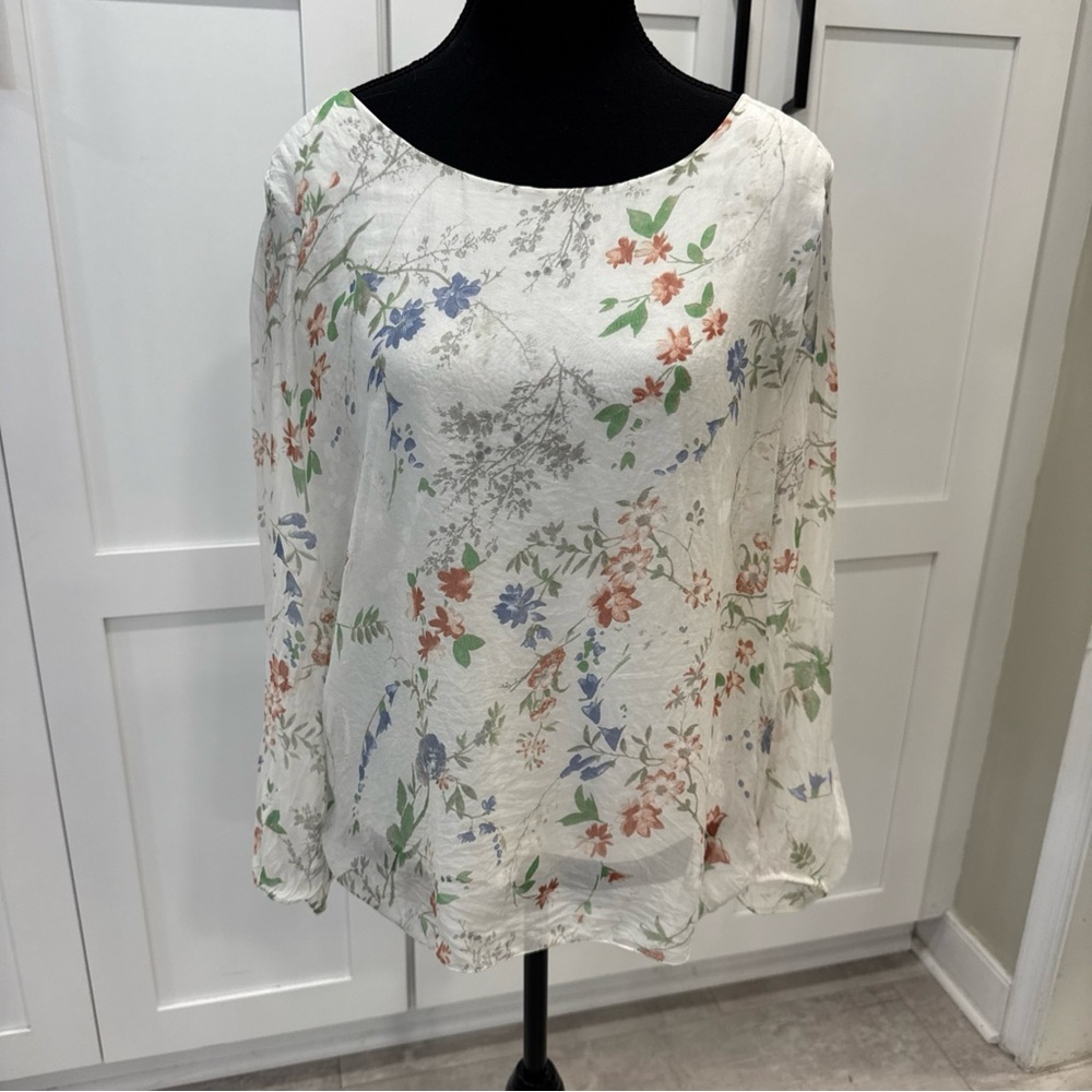 Elena Baldi silk ivory Floral Print Women's flowy Top blouse lined sz small